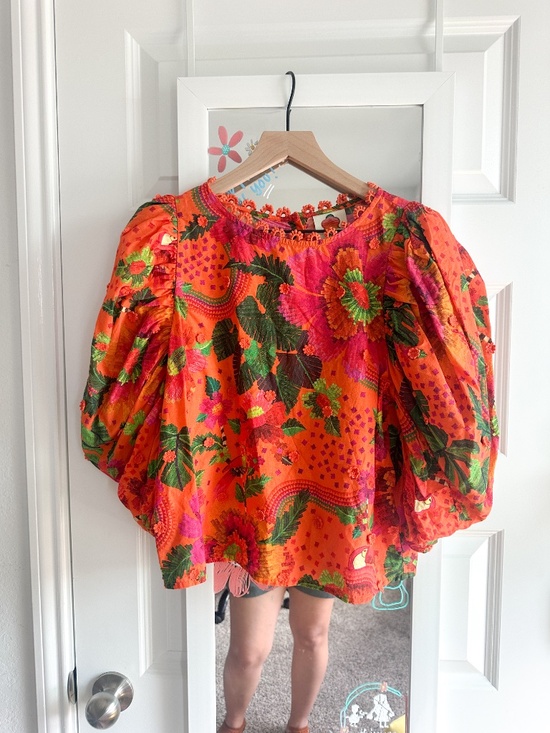 FARM Rio Tops - Farm Rio Blooming Garden Puff-Sleeve Top in Orange M